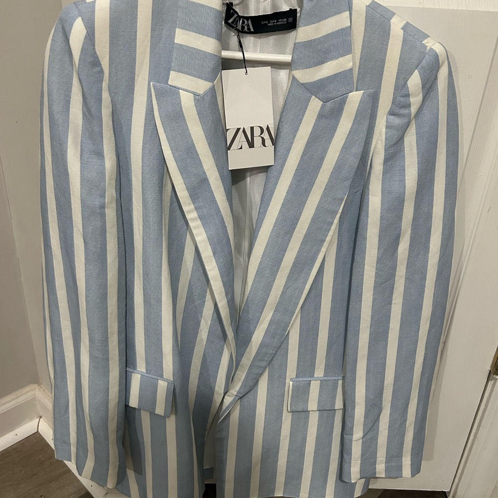 Zara Light Blue and White Striped Jacket